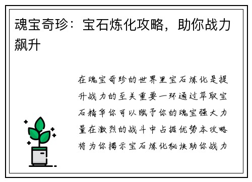 魂宝奇珍：宝石炼化攻略，助你战力飙升