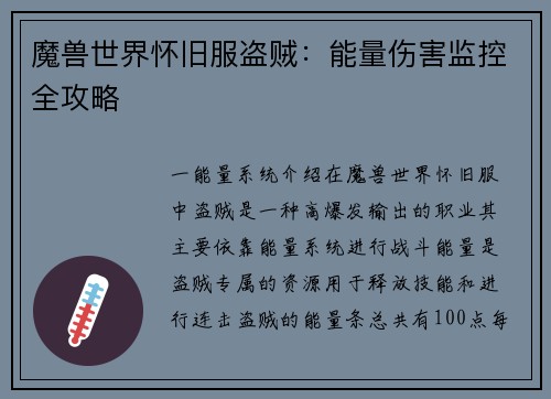 魔兽世界怀旧服盗贼：能量伤害监控全攻略